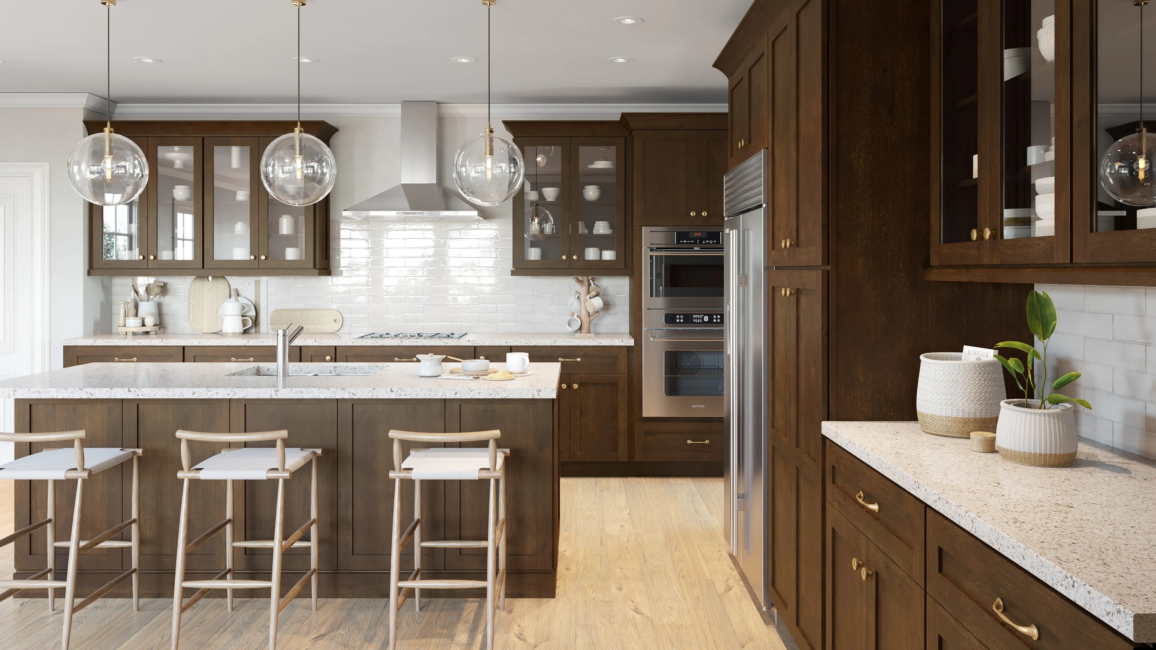 Kitchen with Dark Hickory Shaker cabinets, island seating, and marble countertops