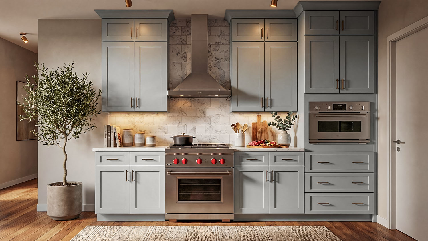 Beautiful kitchen with gray cabinets showing quality construction and design
