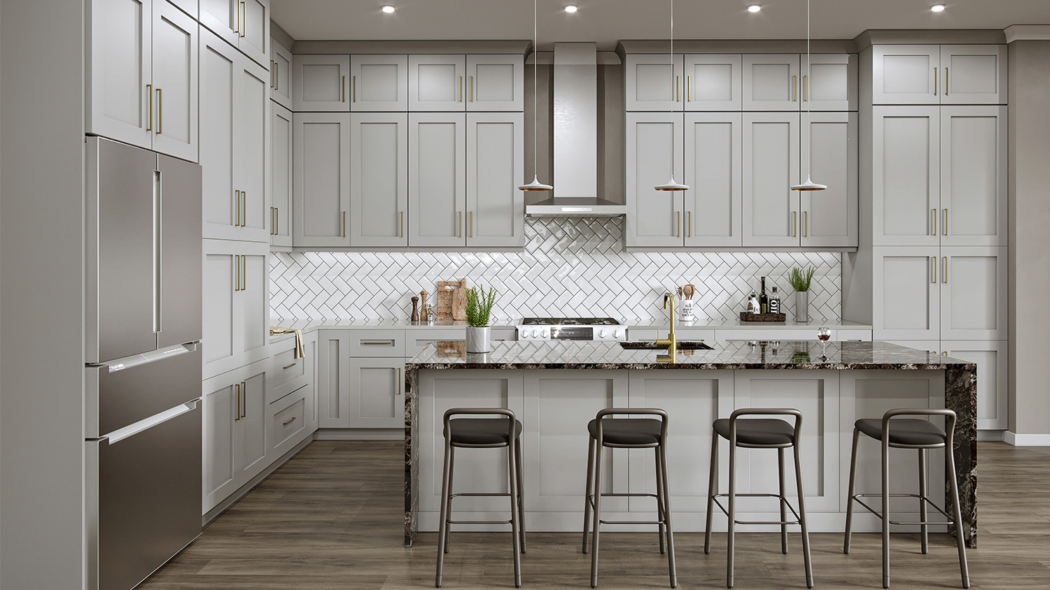 Kitchen with light gray shaker cabinets, marble island, and pendant lighting