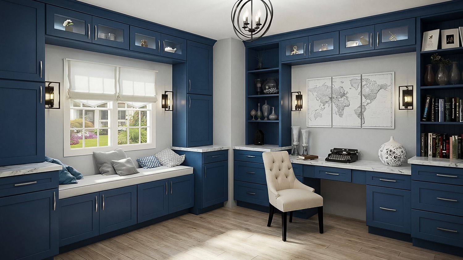 Navy blue built-in home office with desk, window seat, and bookshelves