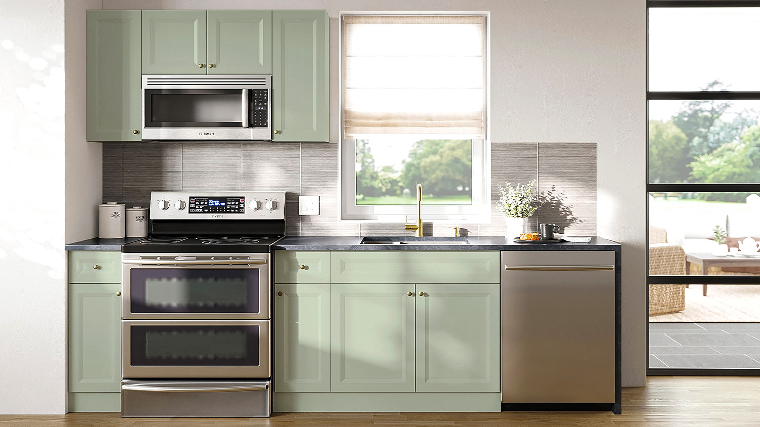 Majestic Sage Green kitchen with stainless appliances and a window over the sink