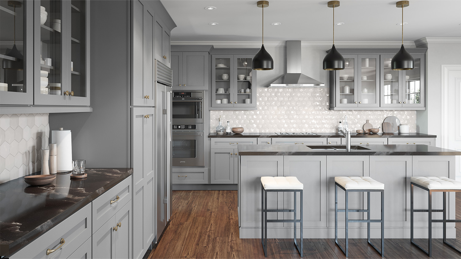 Dolphin Grey Shaker kitchen with island, black pendant lighting, and stainless appliances