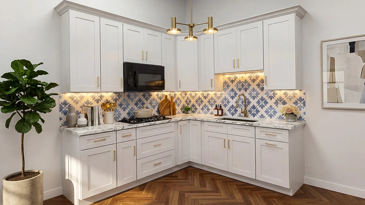 Full kitchen installation showcasing Bayview White Shaker cabinets