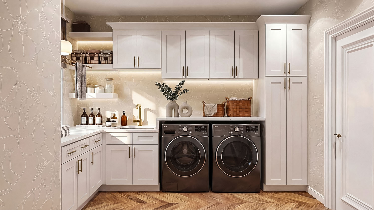 Close-up view of cabinet construction details and hardware
